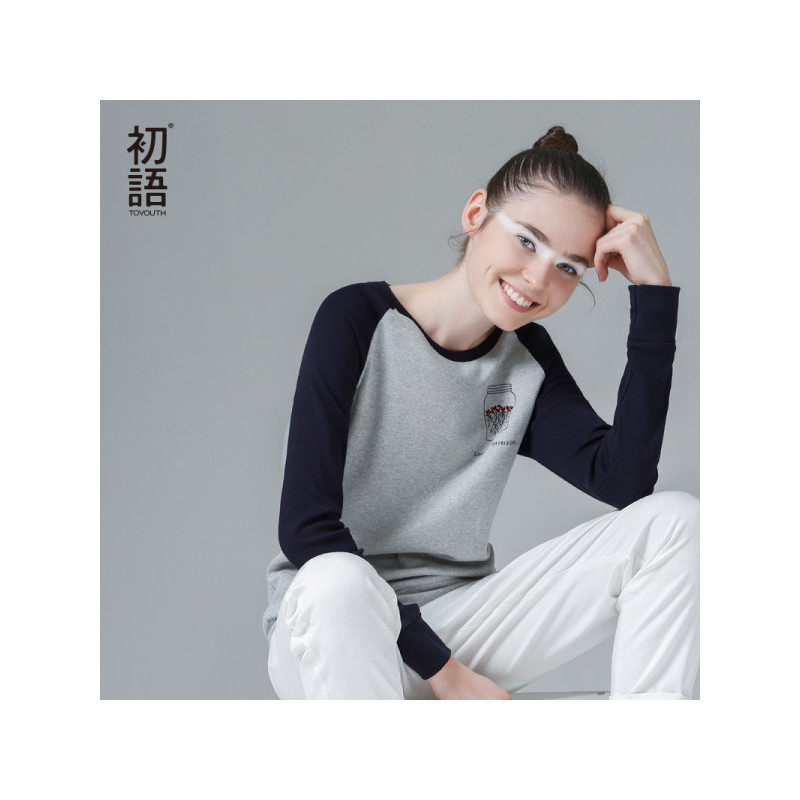 初语拼接大码修身百搭长袖女T恤打底衫上衣