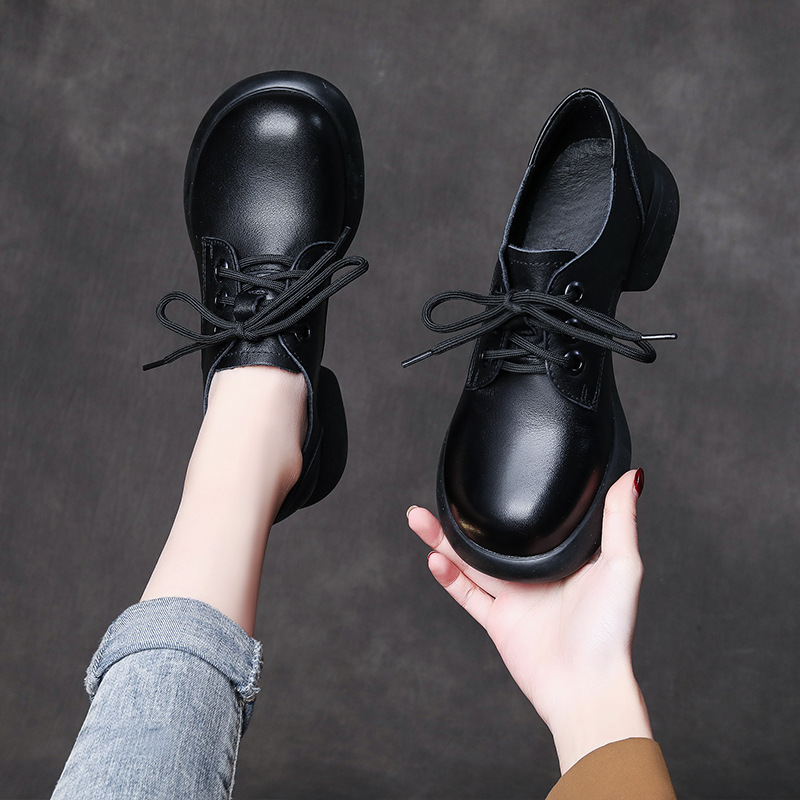 真皮低跟单鞋女复古手工系带低帮工作鞋皮鞋春秋新品牛皮舒适女鞋