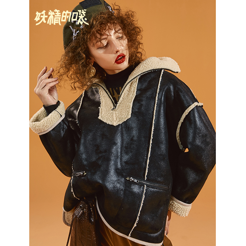 妖精的口袋Y时尚短款仿皮女冬装新气质保暖款拼接欧货外套R_1