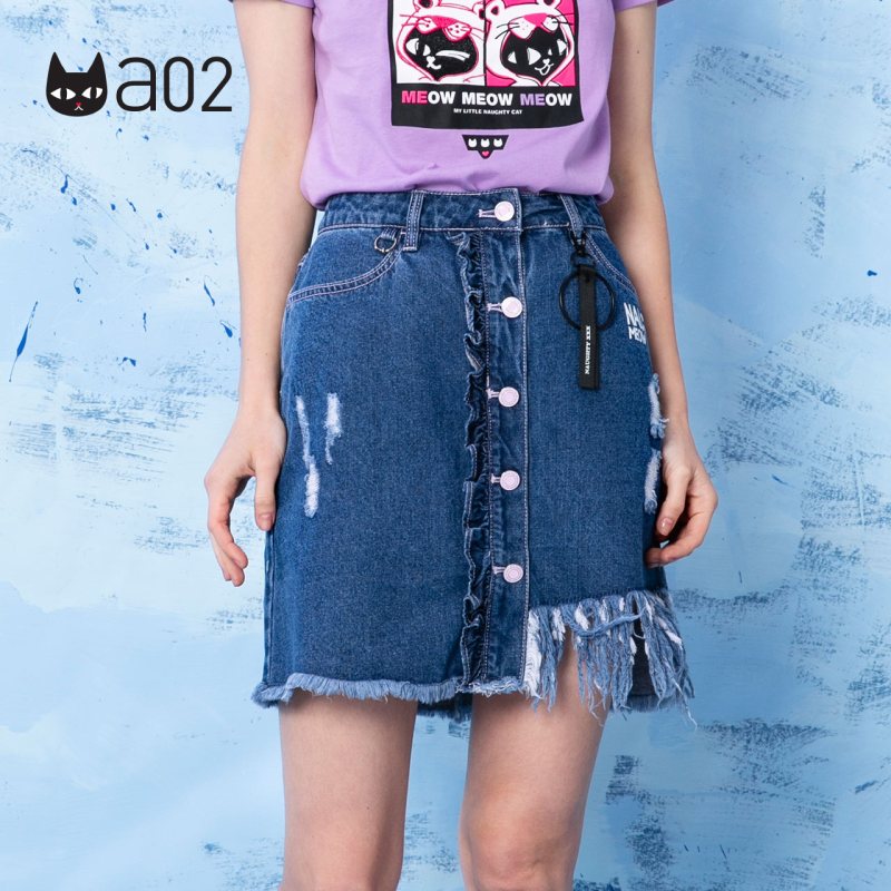 a02商场同款潮流印花破洞流苏不对称A字牛仔短裙女D1T3D0601SK