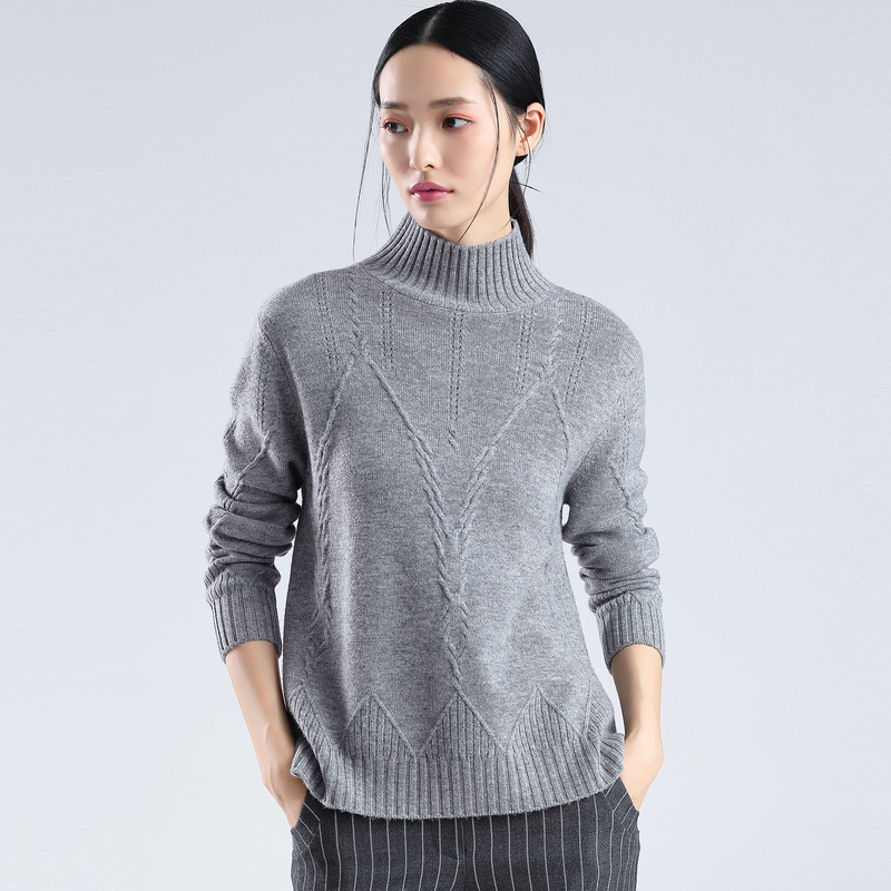 恒源祥羊毛衫女厚款2019秋冬半高领针织衫宽松绞花粗毛线休闲毛衣