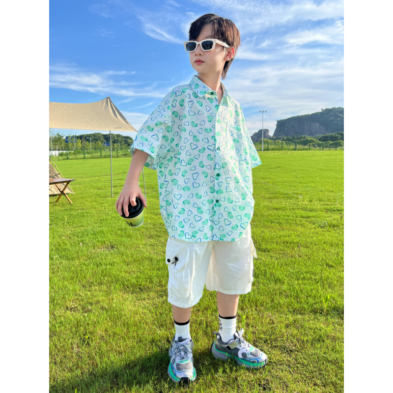 男童夏装衬衫套装2025新款儿童夏季短袖中大童夏款帅气男孩衣服潮