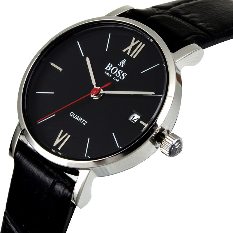 boss手表城市系列时尚潮流黑面三针日历情侣表皮带防水情侣石英腕表