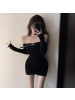 纯欲风一字肩连衣裙女式春秋新款辣妹气质内搭紧身长袖包臀短裙子