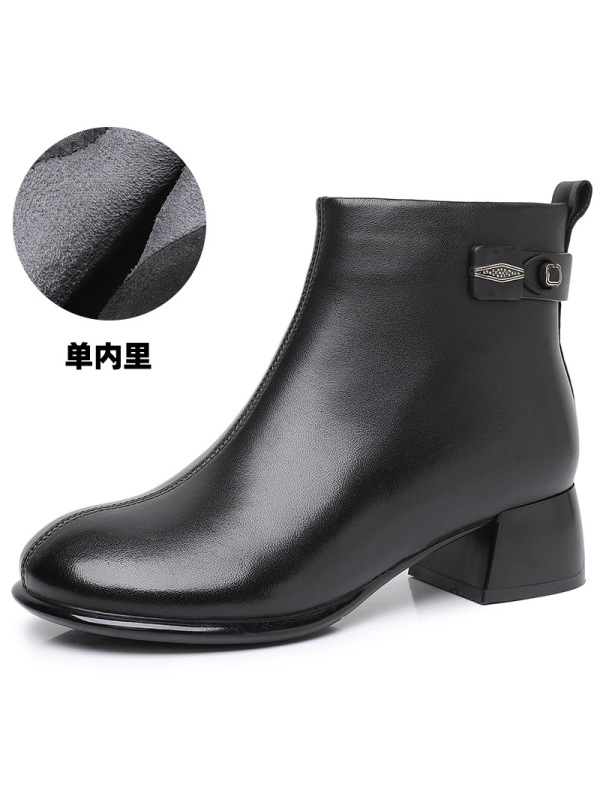 圆头切尔西靴秋冬时尚韩版短靴头层羊皮粗跟金属扣复古时装靴