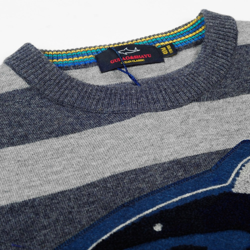 古老鲨鱼秋冬男装植绒鱼形图案条纹毛衣圆领纯羊毛衫男