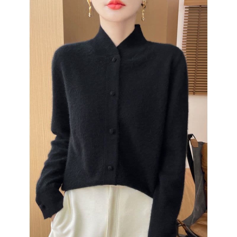 新中式国风羊毛旗袍立领针织开衫长袖女年秋冬新款纯色外套图片