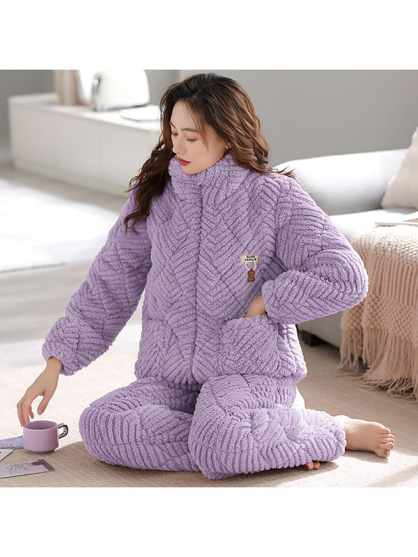 女士三层加厚珊瑚绒夹棉睡衣秋冬季法兰牛奶绒保暖棉袄家居服套装