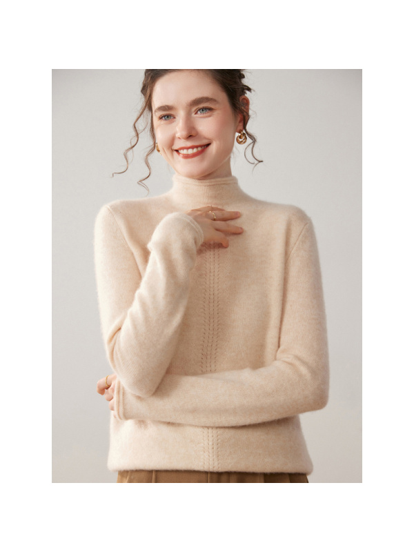 卷边半高领羊绒衫女纯色山羊绒加厚镂空套头显瘦针织打底衫毛衣