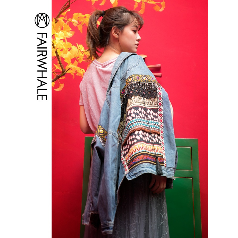 马克华菲女装2019春新款长袖流苏西装领夹克牛仔外套