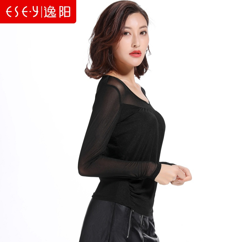 2019春圆领时尚百搭气质仓纱套头长袖T恤内搭上衣女装0890
