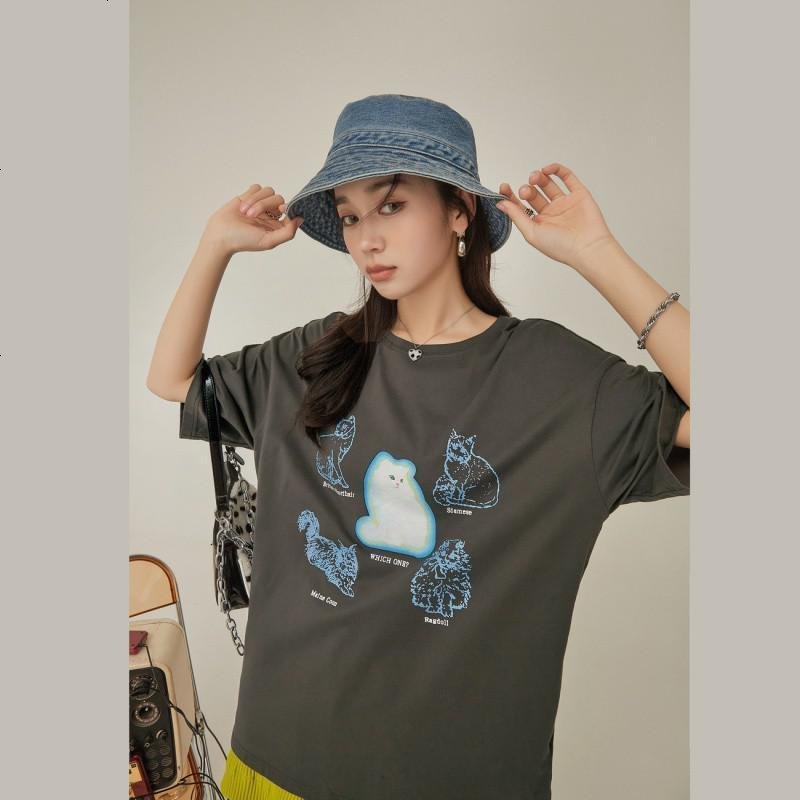 OtherMix可爱猫咪T恤2021年夏季新款动物印花宽松短袖圆领女上衣