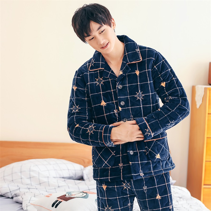 安之伴贝贝绒睡衣男士冬夹棉加厚保暖家居服套装
