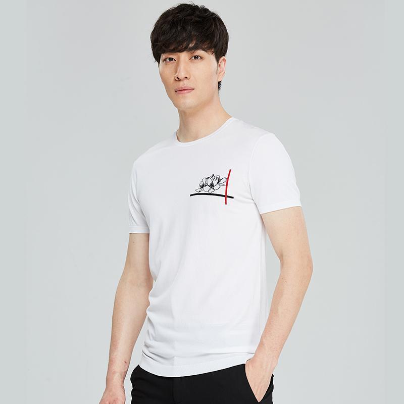 才子男装tries针织短袖t恤男士夏季新款修身植物印花透气圆领体恤