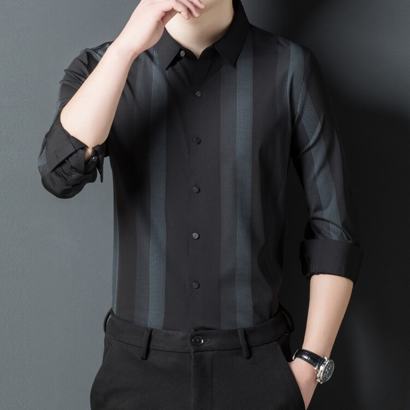 ceba2023时尚新款男士长袖衬衫时尚休闲男装秋季竖条纹衬衣