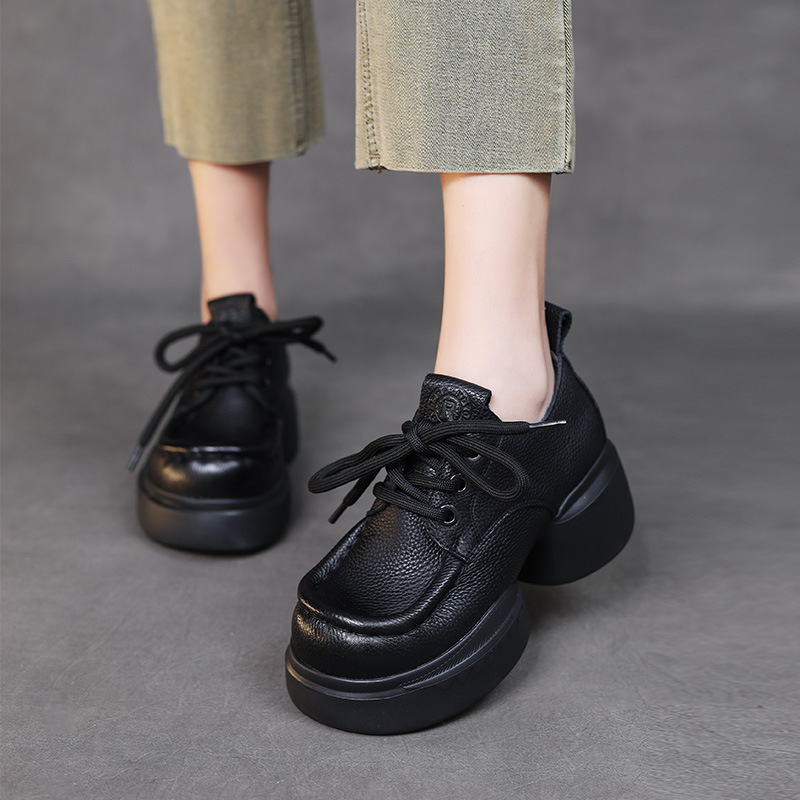 春秋单鞋厚底头层牛皮松糕鞋系带圆头文艺小皮鞋深口休闲百搭女鞋
