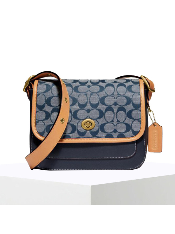 COACH\蔻驰 CHAMBRAY RAMBLER 口盖包单肩斜挎包 椭圆扣牛仔织物\牛皮革