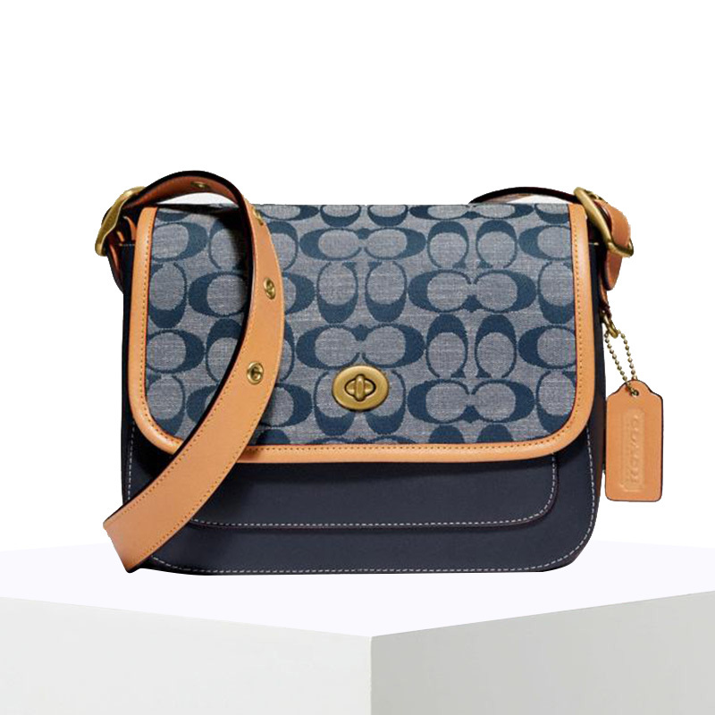 coach蔻驰chambrayrambler口盖包单肩斜挎包椭圆扣牛仔织物牛皮革