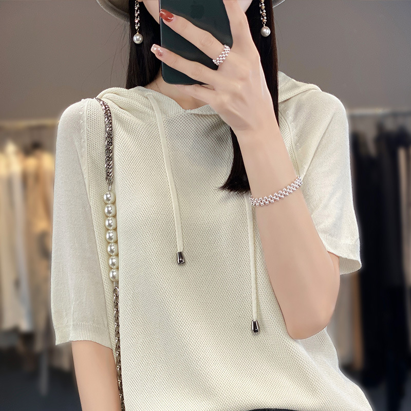 夏款冰丝曲珠纯色连帽卫衣针织短袖女款夏季宽松薄款内搭带帽上衣