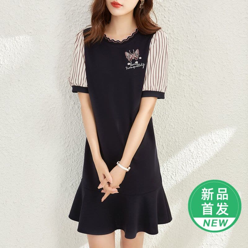 OUNIXUE欧昵雪 | [慵懒风蝴蝶绣花鱼尾裙]夏季时尚波浪型罗纹圆领女士连衣裙图片
