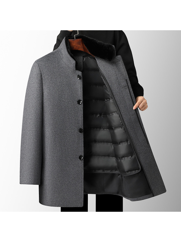 男式羊毛大衣秋冬新款中长加厚脱卸羽绒内胆羊毛风衣中老年呢大衣