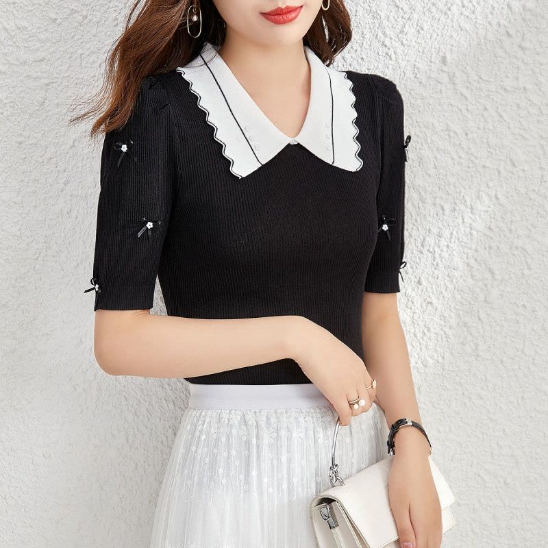 OUNIXUE欧昵雪 | [简约修身针织衫]夏季珍珠波浪型翻领T恤套头上衣短袖女图片