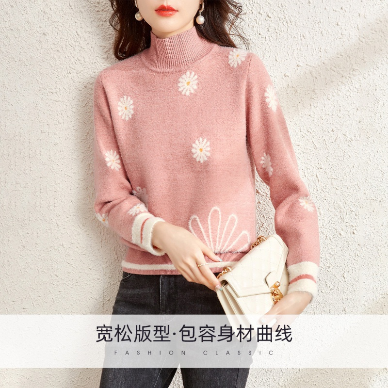 OUNIXUE欧昵雪 | [雏菊仿水貂毛毛衣]冬季减龄半高领长袖针织衫女士宽松上衣
