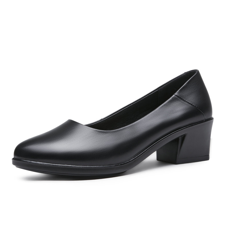 奥康女真皮单鞋春季新款中跟浅口粗跟舒适真皮休闲小圆头ol职业女鞋