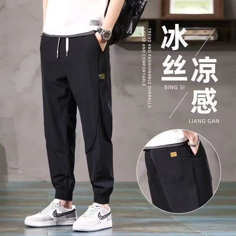 夏季冰丝男休闲裤薄款拼接个性时尚休闲九分卫裤图片