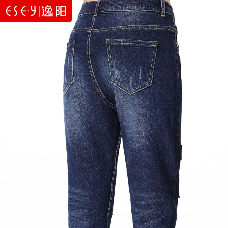 逸阳女裤逸阳春夏中高腰磨白补丁垮裤宽松休闲牛仔裤女裤子0419MEX