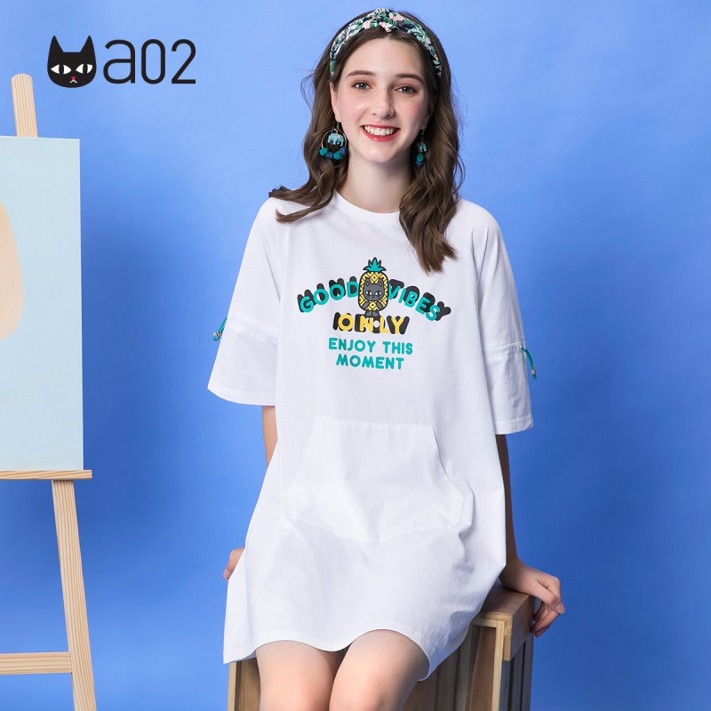 a02新款时尚卡通印花T恤裙袖子可调节抽绳连衣裙女DTU2D1121DR
