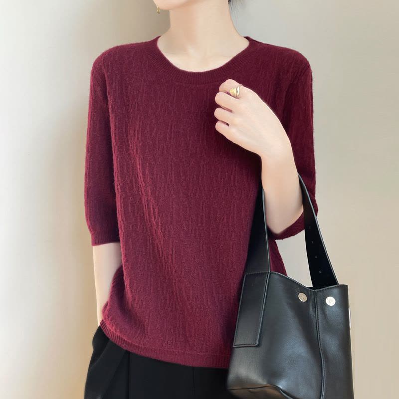 安迪绒圆领针织衫2025年春季新款镂空五分袖宽松套头打底衫上衣女图片