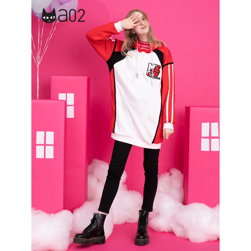 a02新款时尚刺绣撞色拼接连帽宽松连衣裙女潮D1U6D0551DR