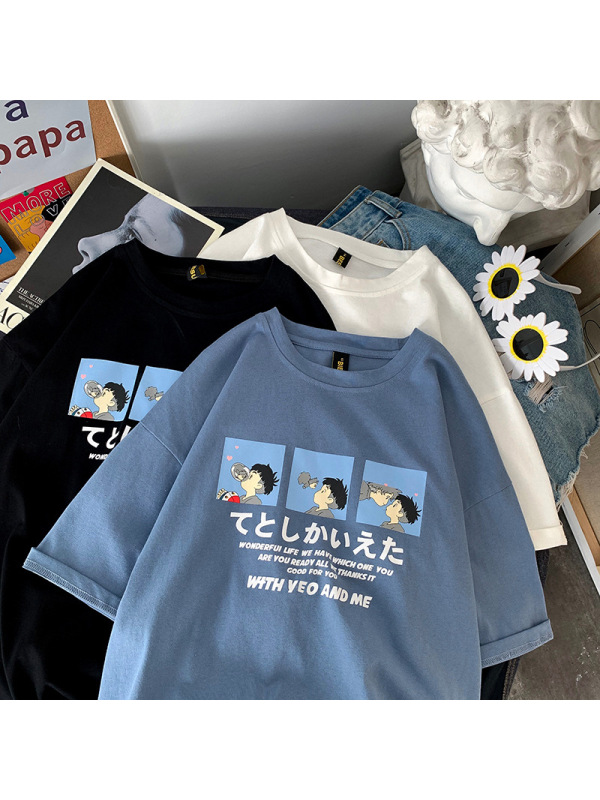 日式卡通休闲宽松短袖T恤女夏季情侣装打底衫女大码上衣女装