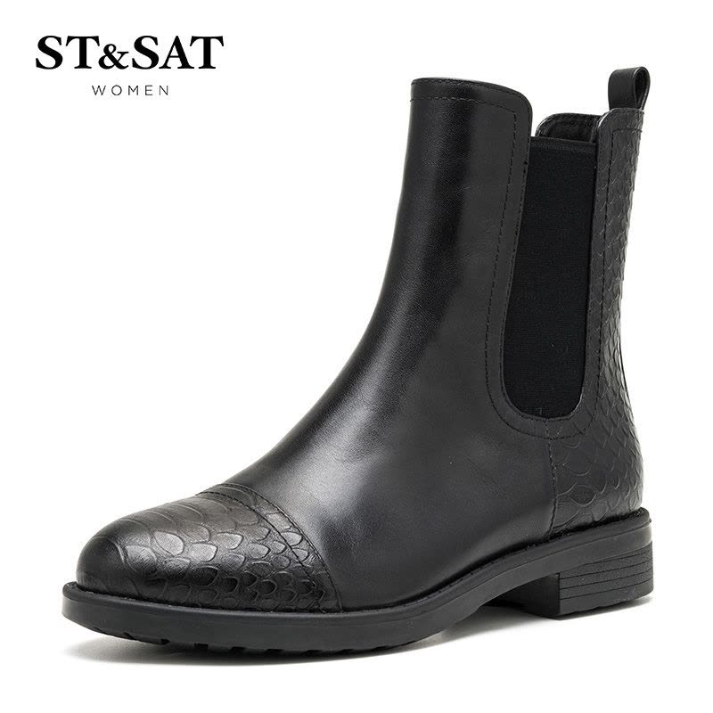 St&Sat/星期六冬季新款牛皮拼接蛇纹圆头短靴女鞋SS64117122图片
