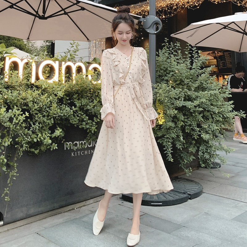 如熙法国小众连衣裙V领雪纺连衣裙甜美复古装女裙子