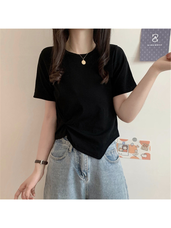 设计感不规则下摆短袖T恤女夏短款打底衫女休闲纯色上衣女装