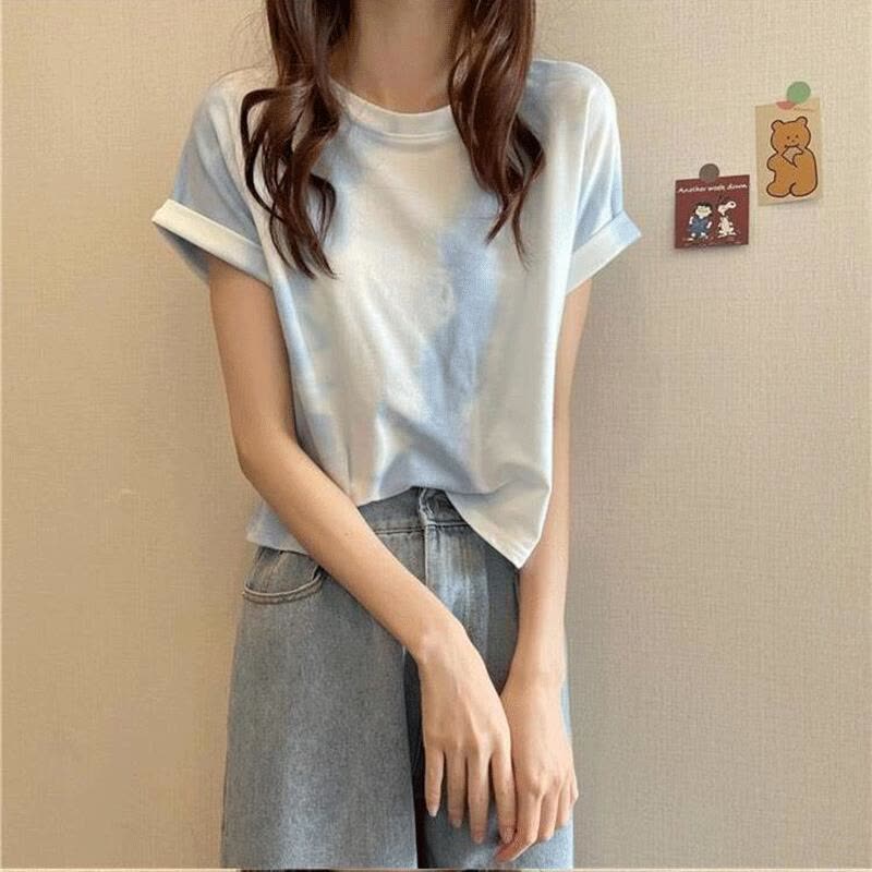 短款扎染打底衫圆领设计感上衣女夏高腰露脐INS学生情侣短袖T恤女图片