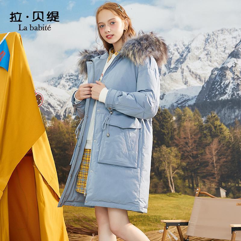 专柜同款Y拉贝缇羽绒服女中长款2019冬季新款宽松小个子鸭绒外套貉子毛领60008622