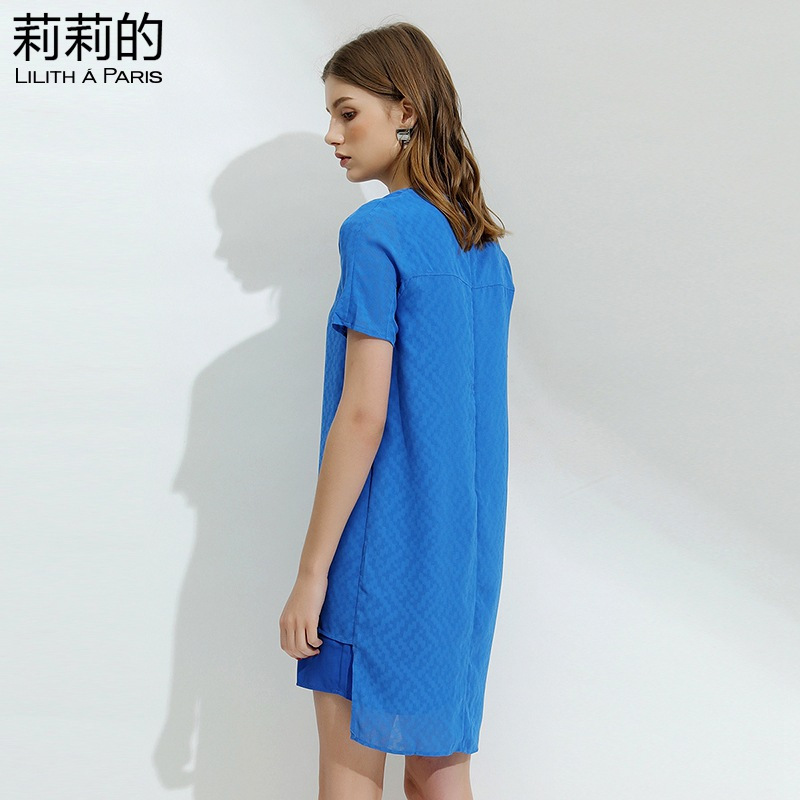 莉莉的 品牌女装连衣裙2018夏季新款圆领宽松拼接前短后长H型连衣裙中长