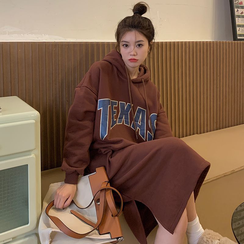 秋冬季新款胖MM慵懒风宽松显瘦加绒加厚连帽过膝长款卫衣裙女
