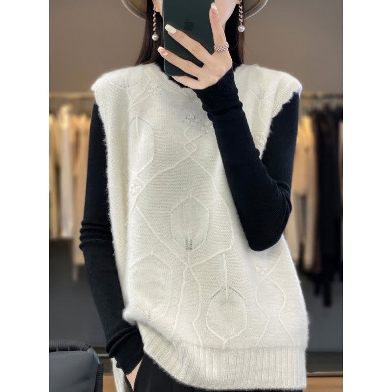 秋冬新款羊毛衫马甲背心女圆领构花无袖上衣宽松纯色羊毛针织图片
