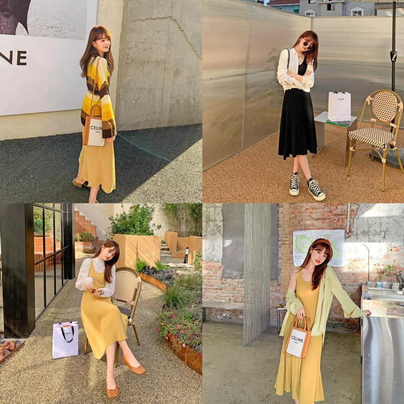 OtherMix连衣裙女2021新款春季v领无袖针织法式黑色内搭打底裙子