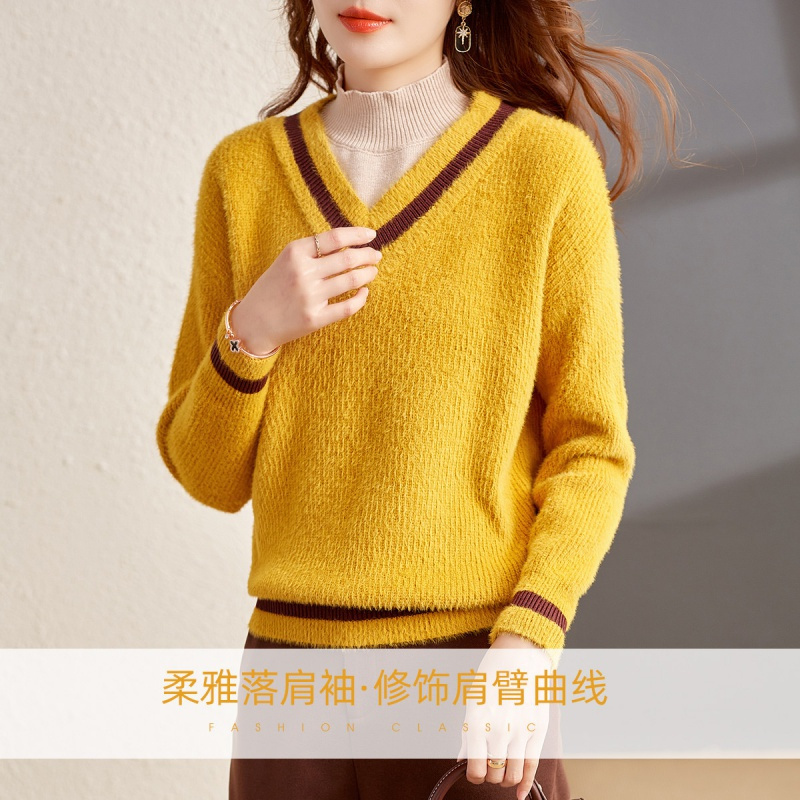 OUNIXUE欧昵雪 | 秋冬高领套头假两件撞色加厚打底针织衫时尚套头女士长袖毛衣