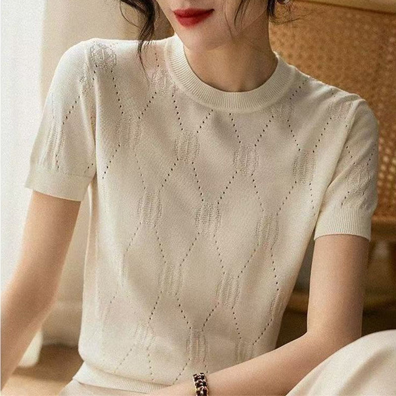 冰丝针织衫短袖T恤女夏新款韩版圆领宽松简约镂空上衣潮