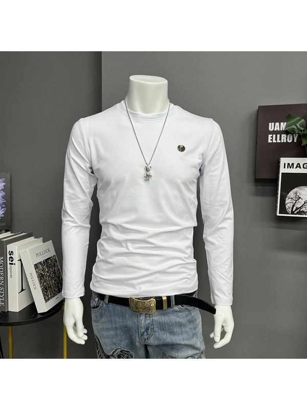 春秋新款男士长袖T恤打底衫小标简约圆领内搭上衣欧货男装时尚潮i