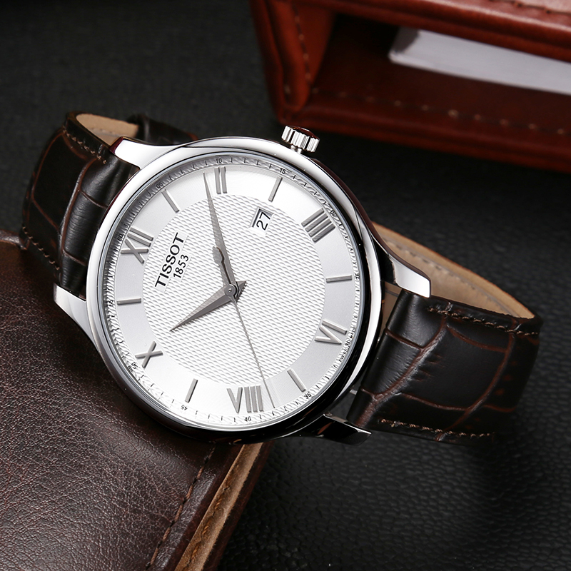 天梭tissot俊雅系列石英表男瑞士品牌带日历防水男士手表t