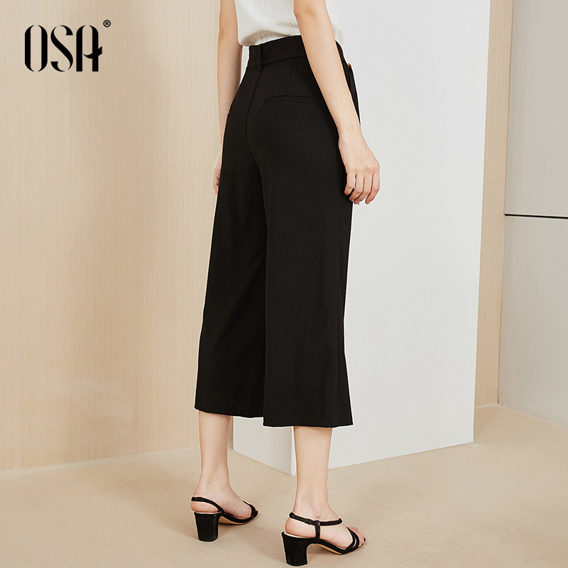OSA欧莎高腰阔腿裤2019新款黑色七分休闲裤子女夏薄款宽松显瘦