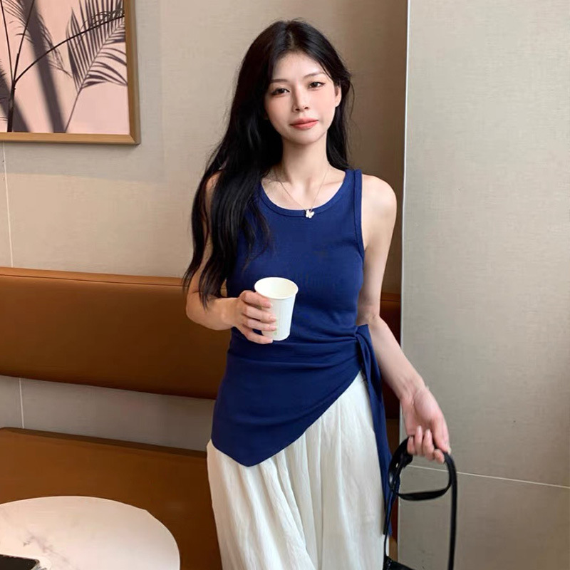 2025夏季新款穿搭橘色针织吊带背心女外穿不规则设计收腰绑带上衣