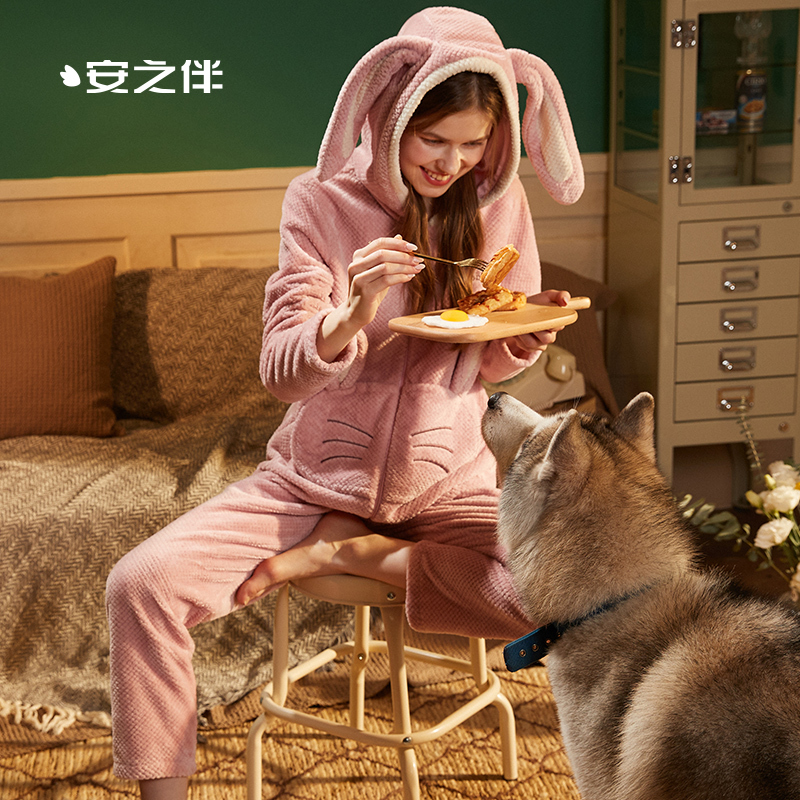 安之伴睡衣女晚秋圆领套装菠萝绒家居服